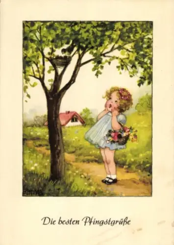 Künstler Ak Glückwunsch, Pfingsten, Mädchen, Vogelnest