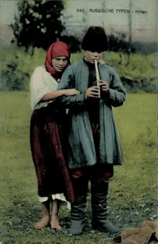 Ak Hirten, Junge mit Flöte, Mädchen mit Kopftuch