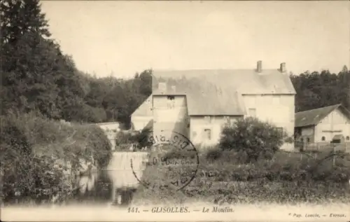 Ak Glisolles Eure, Mühle, Wasserlauf, Bäume, schwarz-weiß