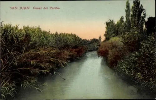 Ak San Juan Argentinien,  Canal de Pocito, Wasserlauf, Ufervegetation, ruhige Szenerie