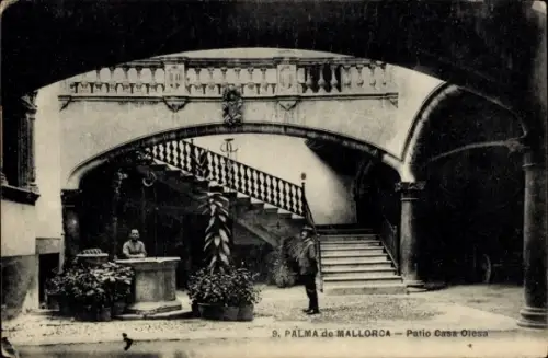 Ak Palma de Mallorca Balearische Inseln,  Patio Casa Olesa, Treppe, Pflanze, Statue