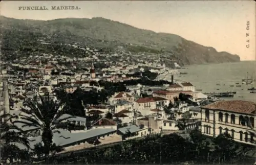 Ak Funchal Insel Madeira Portugal,  Küstenansicht, Häuser, Berge, Hafen