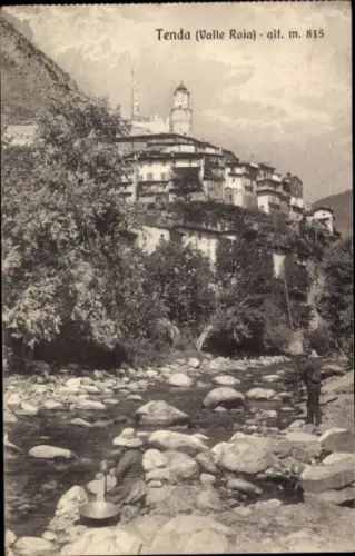 Ak Tenda Valle Roya Piemonte, Tenda (Valle Roia), Fluss, Felsen, Bäume, Häuser, Berg