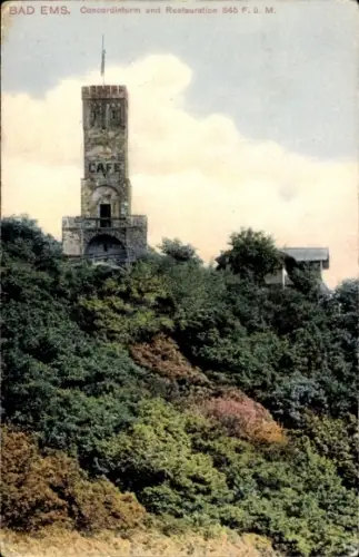 Ak Bad Ems an der Lahn, Concordiaturm, Restauration, Cafe, Bad Ems
