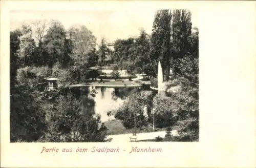 Ak Mannheim in Baden, Stadtpark  Teich, Bäume, Pavillon, Spaziergänger