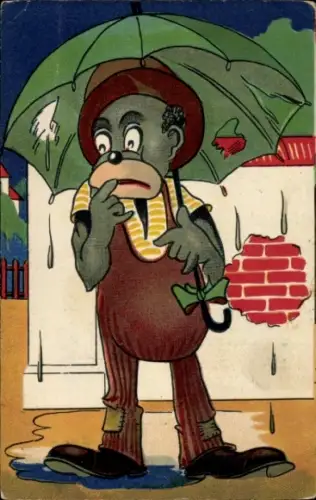 Ak Trauriger Afrikaner unter Regenschirm, Regnerisches Wetter