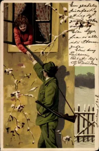Künstler Ak Mailick, Jäger mit Gewehr, Frau am Fenster