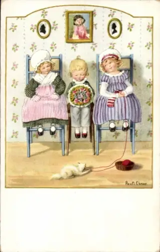 Künstler Ak Ebner, Pauli, Zwischen zwei Stühlen, Katze spielt mit Wollknäuel, Junge, zwei Mädchen