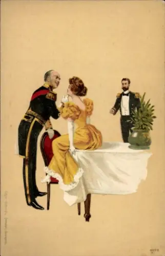 Litho Liebespaar, Soldat in Uniform, Frau auf Tisch sitzend