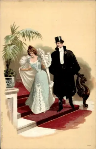 Litho Mann im Mantel hilft Dame in den Mantel, Zylinder, Treppe