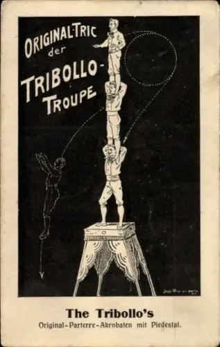 Ak Original Tric der Tribollo Troupe, Original Partette Akrobaten mit Piedestal