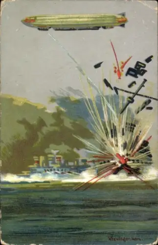 Ak Zeppelin, Luftschiff, Schiffe, Beschießung