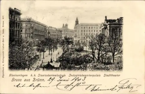 Ak Brno Brünn Südmähren, Glacisanlagen, k.k. Staatsoberrealschule, Industriebeamtenpalais, Theater