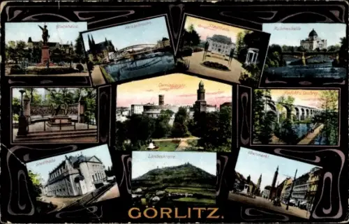 Ak Görlitz i.d. Lausitz, Landeskrone, Neissebrücke, Stadthalle, Demianiplatz, Ruhmeshalle, Obermarkt