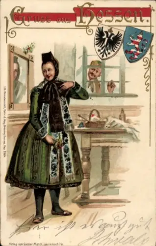 Wappen Präge Litho Junge Frau in hessischer Tracht, Bauernstube, Mann am Fenster