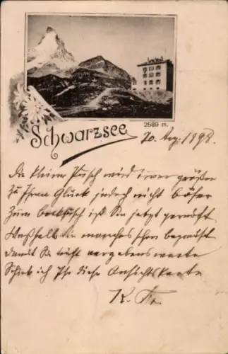 Ak Zermatt Kt. Wallis Schweiz, Schwarzsee, Matterhorn, Gebäude, Gebirge