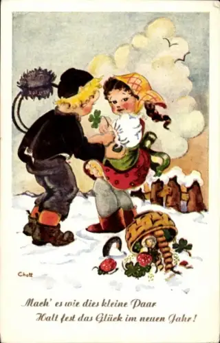 Künstler Ak Chott, Glückwunsch Neujahr, Liebespaar, Schornsteinfeger, Korb, Glücksklee, Pilze