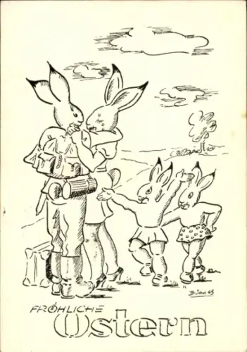Künstler Ak Glückwunsch Ostern, Osterhasen-Familie, Abschied