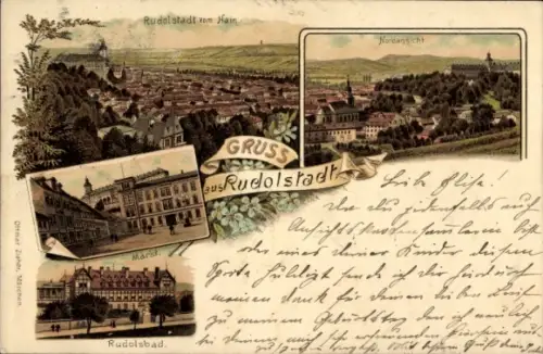 Litho Rudolstadt in Thüringen, Rudolsbad, Markt, Gesamtansicht vom Hain und von Norden