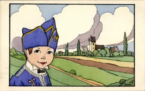 Künstler CPA Hansi, Gosse d'Alsace, Il est bien content parceque...