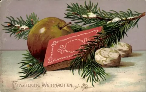 Präge Ak Frohe Weihnachten, Tannenzweig, Apfel