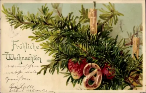 Präge Litho Frohe Weihnachten, Tannenzweig, Kerzen, Brezel