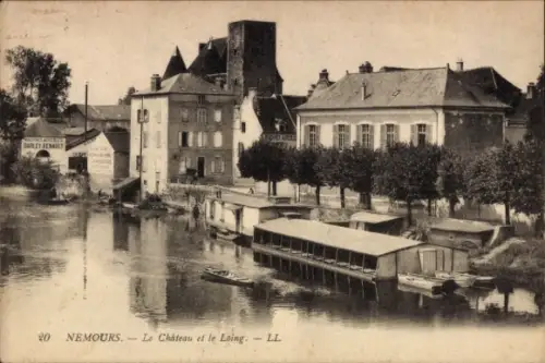 Ak Nemours Seine-et-Marne, Château et Loing, Wasserstrasse, Häuser, Bäume, Werbung
