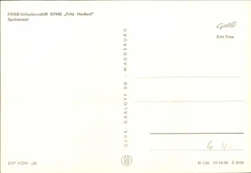 Ak FDGB Urlauberschiff GTMS Fritz Heckert, Speisesaal