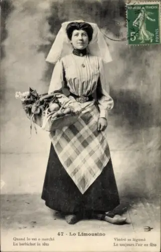 Ak Haute Vienne Frankreich, Lo Limousino, Frau in Tracht, Korb