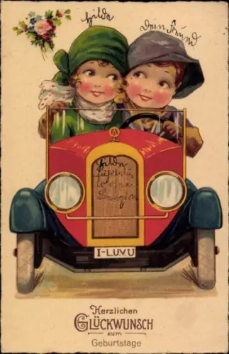 Ak Glückwunsch Geburtstag, Kinder im Auto