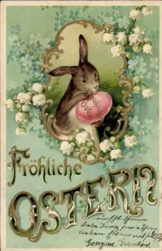 Präge Litho Glückwunsch Ostern, Hase mit Osterei, Maiglöckchen