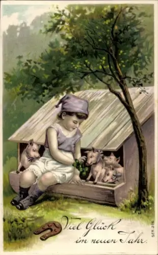 Litho Glückwunsch Neujahr, Kleeblatt, Mädchen mit Schweinchen