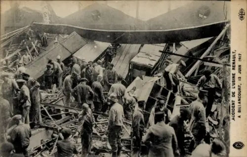 Ak Billancourt Hauts de Seine, Unfall in der Renault-Fabrik am 13. Juni 1917