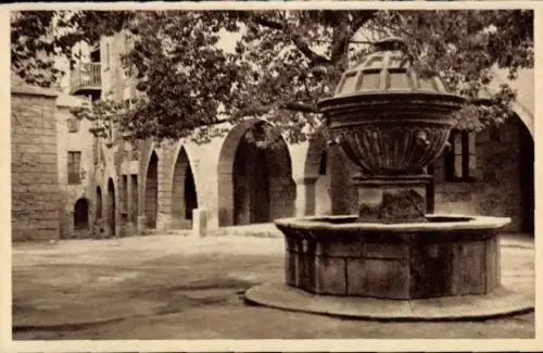 Ak Barcelona Katalonien Spanien, Brunnen, Arkaden, Bäume, Schwarz-Weiß-Foto