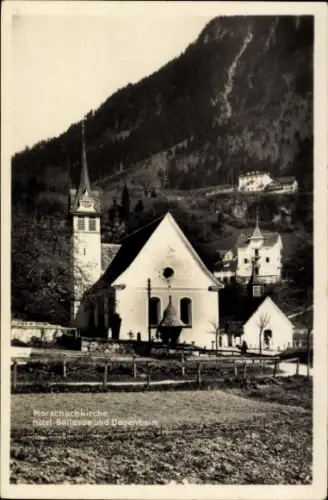 Ak Morschach Kt Schwyz Schweiz, Morschachkirche, Hotel Bellevue, Degenbaim, Berglandschaft