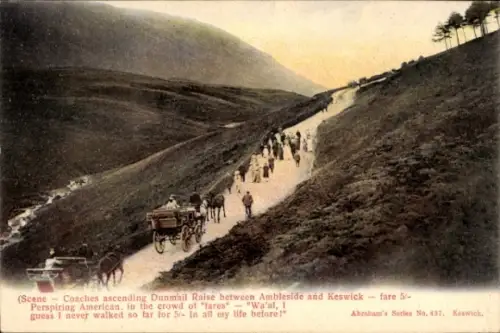 Ak Dunmail North West England, Coaches, Menschenmenge, amerikanischer Tourist, Landschaft