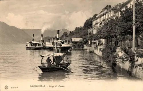 Ak Cadenabbia Lago di Como Lombardia Italien,  Lago di Como, Dampfschiffe, Uferpromenade