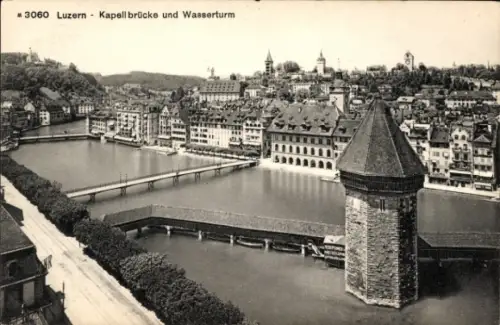 Ak Luzern Stadt Schweiz, Kapellbrücke mit Wasserturm