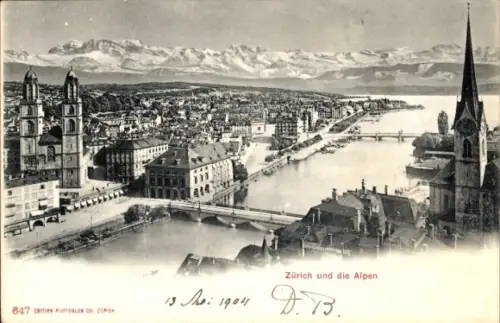 Ak Zürich Stadt Schweiz,  Alpen, Fluss, Brücken, Türme, Schwarz-Weiß-Foto