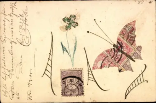 Briefmarken Ak Collage aus Briefmarken, Schmetterling, Blume