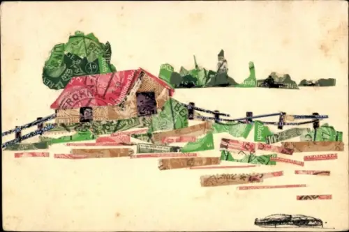 Briefmarken Ak Collage aus Briefmarken, Dorfmotiv, Haus