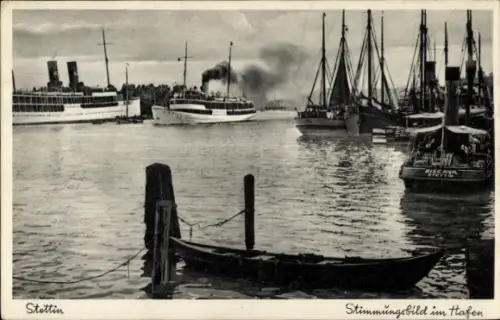 Ak Szczecin Stettin Pommern, Stimmungsbild im Hafen, Dampfer, Boote