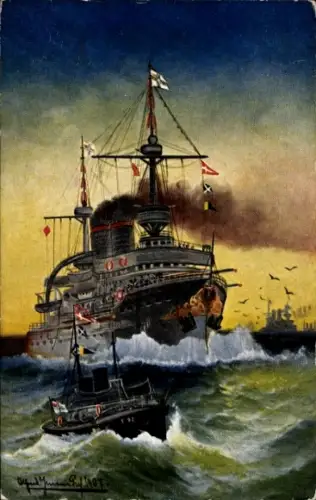 Künstler Ak Deutsches Kriegsschiff auf See, Abenddämmerung