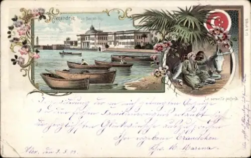 Litho Alexandria Ägypten, Teilansicht, Boote, Frau mit Esel
