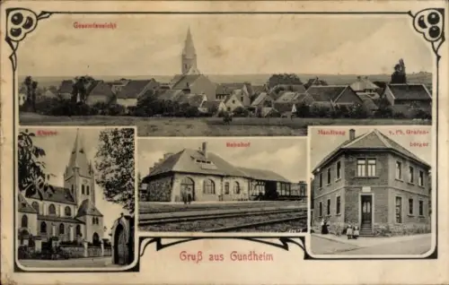 Ak Gundheim in Rheinhessen, Gesamtansicht, Kirche, Bahnhof, Geschäftshaus Ph. Grafenberger