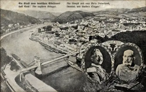 Ak Děčín Tetschen an der Elbe Reg. Aussig, Kaiser Wilhelm II., Kaiser Franz Josef I.