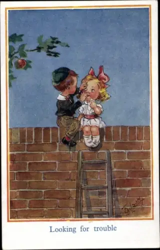 Künstler Ak Gilson T., Junge und Mädchen auf Mauer sitzend, Looking for trouble, Leiter