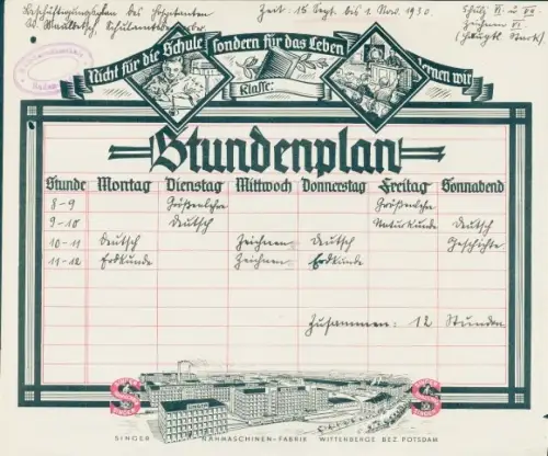 Stundenplan Singer Nähmaschinen Wittenberge bei Potsdam - Firmengelände um 1925