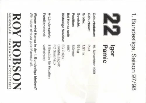 Autogrammkarte Fußballer Igor Pamic, FC Hansa Rostock, Autogramm