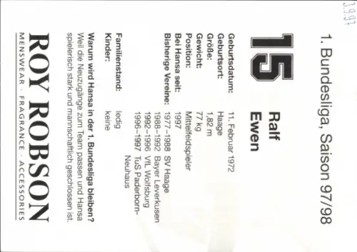 Autogrammkarte Fußballer Ralf Ewen, FC Hansa Rostock, Autogramm